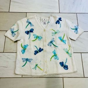 1998 Susan Bristol dragonfly shortsleeved, button down knit; S